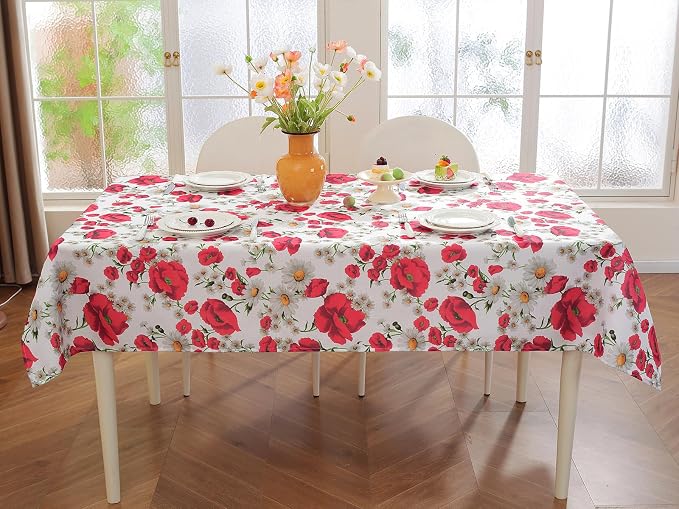 SASTYBALE Spring Summer Tablecloth, 52 x 70 Inches, Rectangle, Red Floral | Reusable, Wrinkle Resistant, Washable ,Texture Fabric Polyester, Indoor & Outdoor, Picnic, Patio, Fits 4-6 Seats
