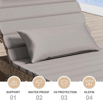 2 Sets of Outdoor Water-Resistant Olefin Chaise Lounge Cushions with Headrest and Pillow, Weather and Fade Resistant Foldable Quilted Lounge Chair Pads with Straps, Light Gray, 73" L x 22" W