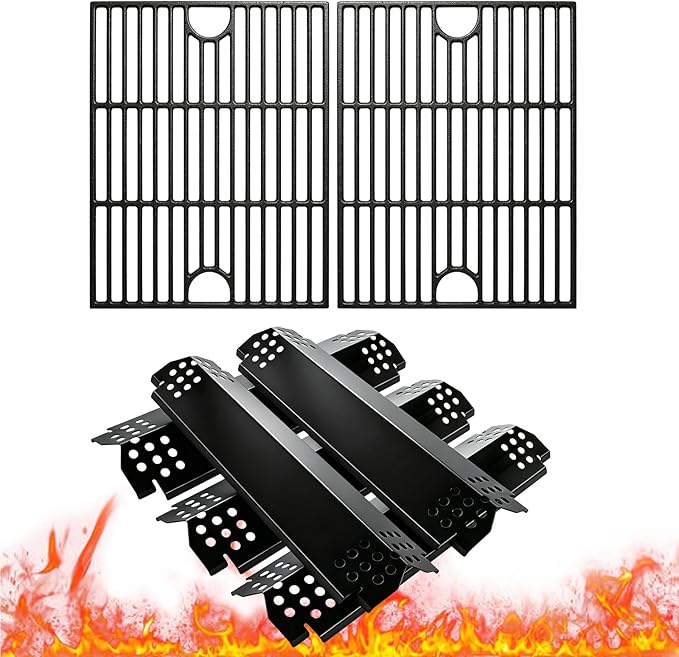 Grill Parts Kit for Home Depot Nexgrill 4 Burner 720-0830H & 5 Burner 720-0888/720-0888N, Porcelain Steel Heat Plates Flame Tamers, Porcelain Cast Iron Grates Gas Grill Replacement Parts, 13 x 17 Inch