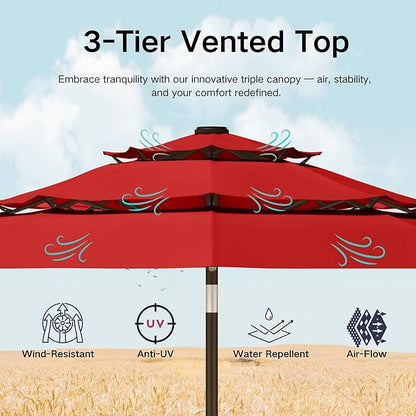 Kingdura 9ft 3-Tier Patio Umbrella with Solar Lights, Table Umbrella Outdoor Patio with Easy Crank & Tilt, 8 Sturdy Ribs, UV Protection, 32 LED Lights for Deck, Poolside, Market (Red)