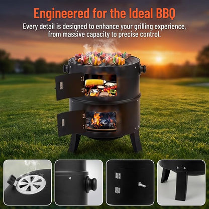 Portable Charcoal Grills, Adjustable Barrel Grill for Backyard | Portable Charcoal Grills with Built-in Thermometer, Adjustable Barrel Grill for Outdoor Backyard