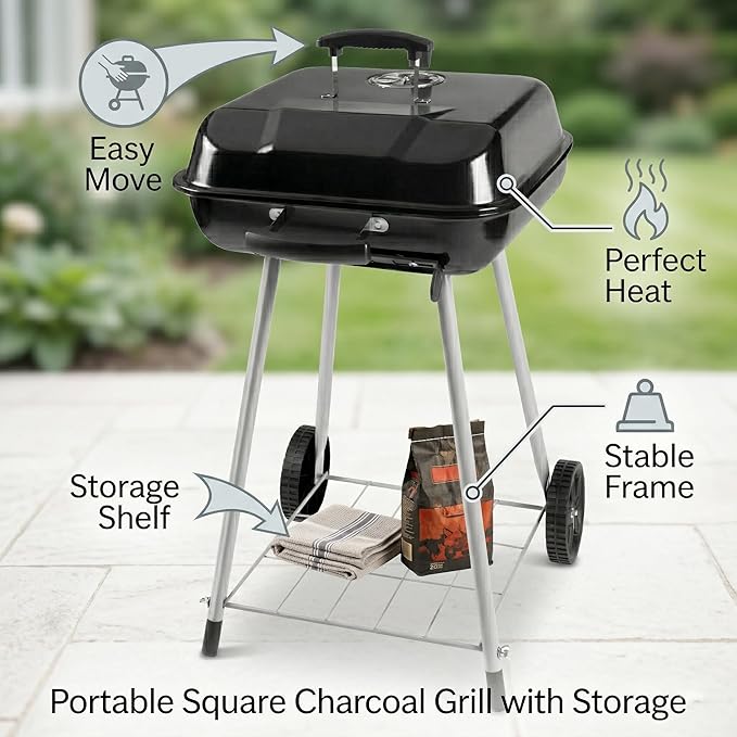 17.5-Inch Square Charcoal Grill with Wheels, 302 Sq In Cooking Surface Outdoor Barbecue BBQ, Porcelain-Coated Steel Freestanding Kettle Grill for Patio, Deck, and Backyard Gatherings, Black