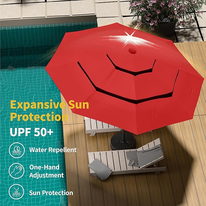 Kingdura 10ft 3-Tier Patio Umbrella with Solar Lights, Table Umbrella Outdoor Patio with Easy Crank & Tilt, 8 Sturdy Ribs, UV Protection, 32 LED Lights for Deck, Poolside, Market (Red)