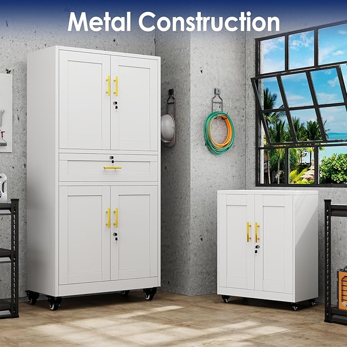 erosoei 75" H Metal Garage Storage Cabinet, Rolling Tool Cabinet with 2 Doors and Wheels, Locker Steel Cabinet with 4 Adjustable Shelves and Drawer, Organization Cabinet for Garage,Office,Home,Gym.