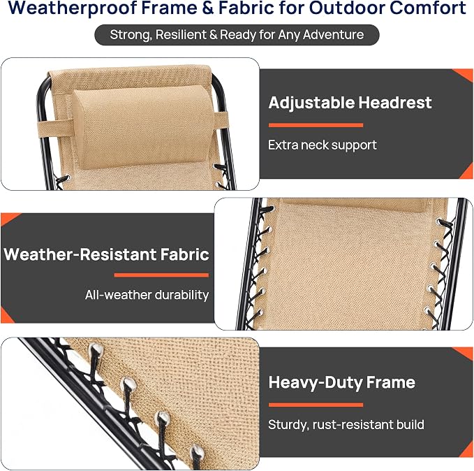 Alpen Set of 2 Outdoor Camping Chairs, Lounge Zero Gravity Chair, Khaki | Outdoor Chaise Lounge Chairs, Foldable Tanning Chair with Cup Holder for Poolside Patio Backyard Outdoor Camping