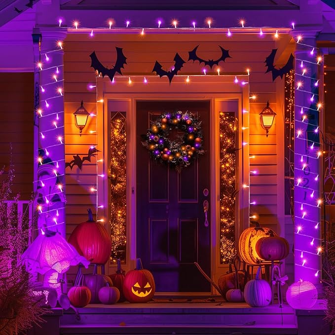 82FT 250 LED Orange and Purple Halloween String Lights Outdoor Indoor | Plug in Waterproof 8 Modes Clear Wire String Twinkle Lights for Bedroom Outside Patio Xmas Party Holiday Decorations