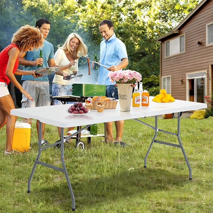 Giantex Folding Picnic Table, 6FT Portable Foldable Tables for Party BBQ, Metal Legs, HDPE, White Outdoor Indoor Camping Table with Handle, No Assembly