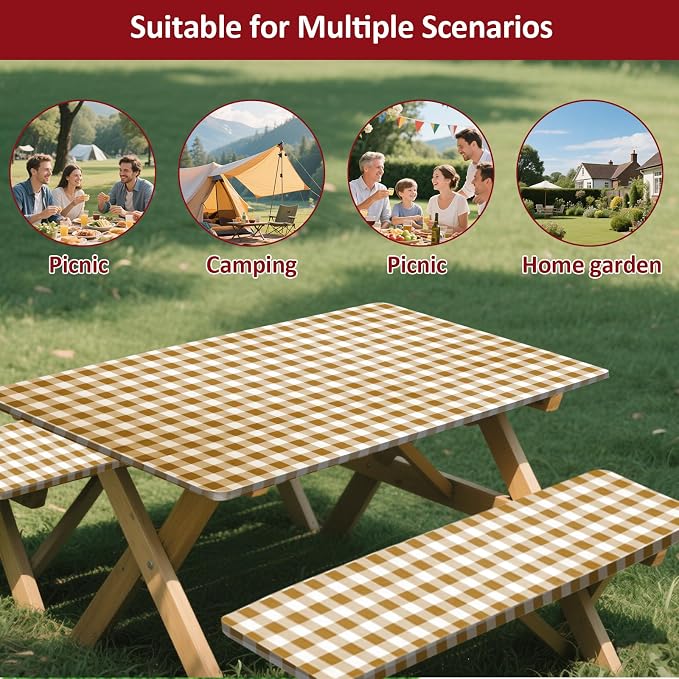 8ft 96" Picnic Table and Bench Cover, 3 Pack, Coffee Checkered | Drawstring Bag, Waterproof Windproof, Elastic Fitted Edges Tablecloth, for Rectangle Table & Seat, Camping Essentials RV Gear