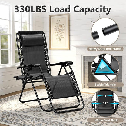 2 Pack Zero Gravity Chair, Adjustable Lounge Chair, Outdoor Recliner, Folding Anti Gravity Lounge Chairs, Lawn Chairs Reclining with Pillow & Cup Holder for Pool Camping Sunbathing Beach Patio (Black)