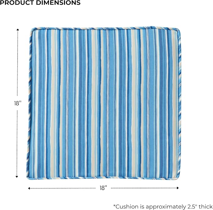 Outdoor 18 inch Square Patio Dining Chair Pads – Comfortable Fiber-Filled Seat Cushions with Ties, Reversible Polyester Fabric - Sapphire Stripe, Set of 2