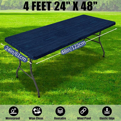 Smiry 2 Pack Rectangle Table Cloth 4 Foot, Waterproof Elastic Fitted Tablecloths, Windproof Washable Polyester Table Cover for Picnic, Camping, Outdoor (Navy & Black, 24"x48")
