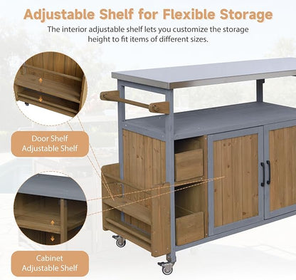 Christopher Knight Home Edsel Outdoor Bar Cart with Stainless Steel Top and Lockable Wheels, Solid Wood Outdoor Storage Cabinet, Kitchen Island Serving Cart for Poolside, Walnut Brown+Blue Gray