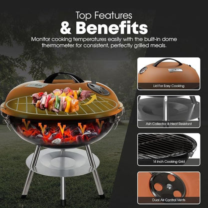 GasOne 14-inch Portable Charcoal Barbecue Grill with Thermometer Lux Brown | 3-Point Locking Lid for Heat Preservation – Dual Venting System – Small Charcoal Grill for Backyard, Camping, Boat