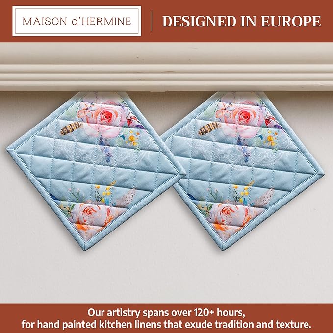 Maison d' Hermine Pot Holders 100% Cotton Heat Resistant Potholders 8" x 8" Hot Pads with Loop BBQ Cooking Baking Hotel Farmhouse Kitchen Handling Hot Pans Spring Summer (Pack of 2, Ibiza - Blue)