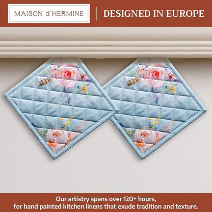 Maison d' Hermine Pot Holders 100% Cotton Heat Resistant Potholders 8" x 8" Hot Pads with Loop BBQ Cooking Baking Hotel Farmhouse Kitchen Handling Hot Pans Spring Summer (Pack of 2, Ibiza - Blue)