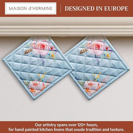 Maison d' Hermine Pot Holders 100% Cotton Heat Resistant Potholders 8" x 8" Hot Pads with Loop BBQ Cooking Baking Hotel Farmhouse Kitchen Handling Hot Pans Spring Summer (Pack of 2, Ibiza - Blue)