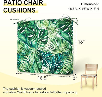 downluxe Outdoor Chair Cushions Set of 6 for Patio Furniture, Water-Resistant Square Corner Patio Chair Cushions with Ties, High Density Foam Outdoor Seat Cushion, 18.5" X 16" X 3", Palm Leaves