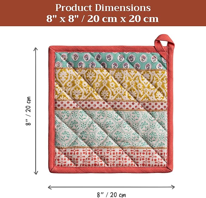 Maison d' Hermine Pot Holders 100% Cotton Heat Resistant Potholders 8" x 8" Hot Pads with Loop BBQ Cooking Baking Hotel Farmhouse Kitchen Handling Hot Pans Spring Summer (Pack of 2, Provence)