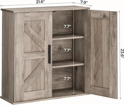 Homleke Bathroom Wall Cabinet, Over Toilet Storage Cabinet with Barn Doors and Adjustable Shelves, 3-Tier Medicine Cabinet Wall Mounted, for Bathroom, Kitchen, Entryway, Laundry Room, Greige, (7.9" D)