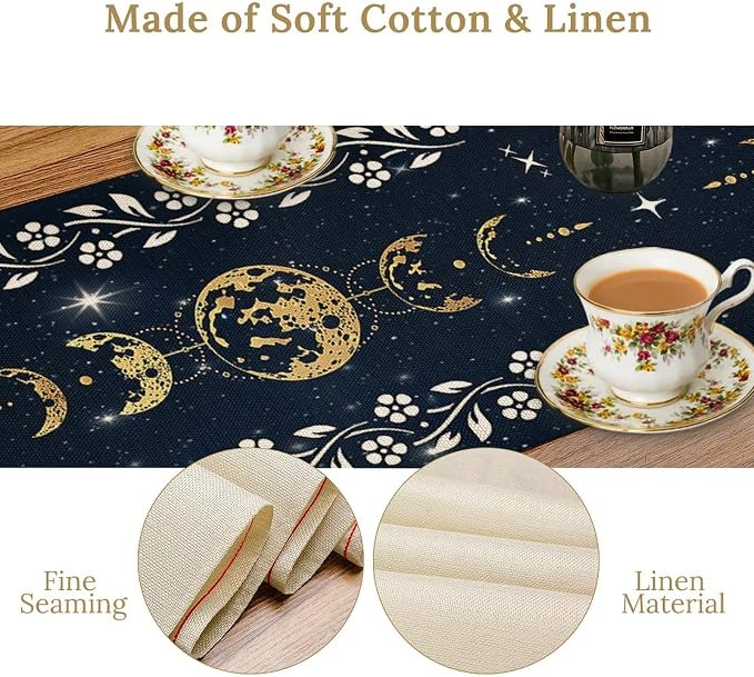 Cotton Linen Table Runner Moonlit Garden Kitchen Full Moon Starry Sky Colorful Boho Floral Flower Rectangle Table Collection Table Setting Decorations for Dinner Wedding Birthday Party 13x60 Inch