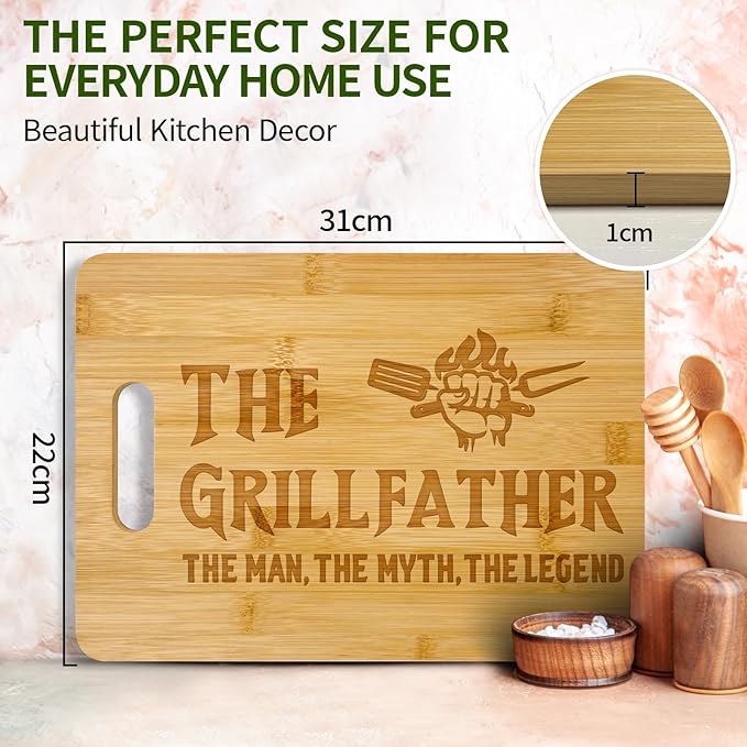 Dad Birthday Gift, The Grillfather Wood Cutting Board 12x8.6 Inch, Dads Gift from Daughter Son, Cool Kitchen Gifts for BBQ, Grill Masters, Father's Day Present for Papa,Grandpa,Husband