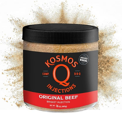 Kosmos Q Original BBQ Beef Injection, Award-Winning Brisket Marinade for Ribs, Roasts, & More, Moisture-Retaining Barbecue and Meat Seasoning, Tender Juicy Flavor, 16 Oz Jar