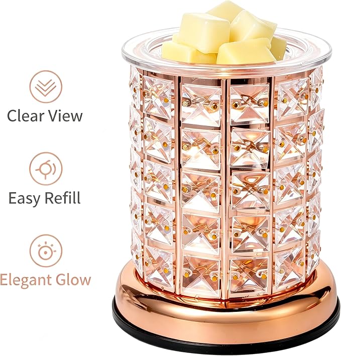 TTJ Crystal Wax Melt Warmer Lamp, Electric Candle Warmer with Rose Gold Base, Decorative Fragrance Oil Burner for Home Bedroom Living Room Office, Flameless Aromatherapy Wax Warmer Night Light Gold