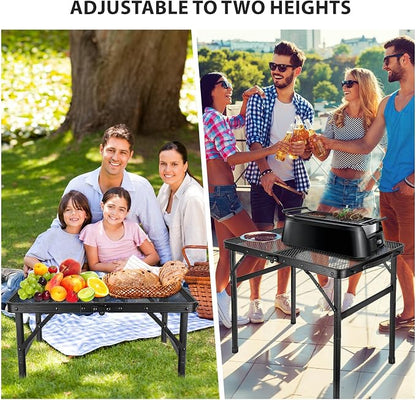 GDDGHS 2x1.3 FT Folding Camping Table Foldable Grill Table for Outdoor BBQ, Metal Portable Camping Grill Stand with Mesh Desktop, Adjustable Height Lightweight BBQ Tables Black