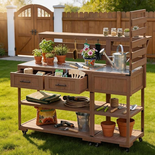 62 Inch Patio Kitchen Island with Stainless Steel Top, Brown | Brown fir wood, stainless steel top, garden or patio, raised shelf, 2 drawers, lockable wheels, modular design, 62.3 in L