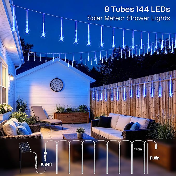 JMEXSUSS Solar Lights for Outdoor Decor, 8 Tube 144 LEDs Solar Meteor Shower Lights Outdoor, Hanging Blue Christmas Lights for Tree Yard Icicle Garden Patio Gazebo Eaves Front Porch Decor