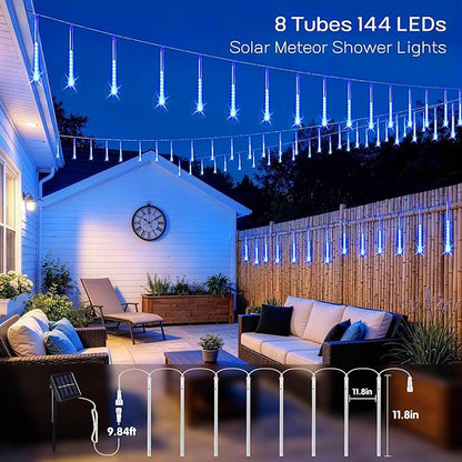 JMEXSUSS Solar Lights for Outdoor Decor, 8 Tube 144 LEDs Solar Meteor Shower Lights Outdoor, Hanging Blue Christmas Lights for Tree Yard Icicle Garden Patio Gazebo Eaves Front Porch Decor