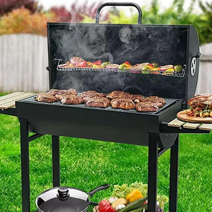 Charcoal Portable BBQ Grill with Wooden Shelf and Wheels, 49.2 in (125 cm) Wide