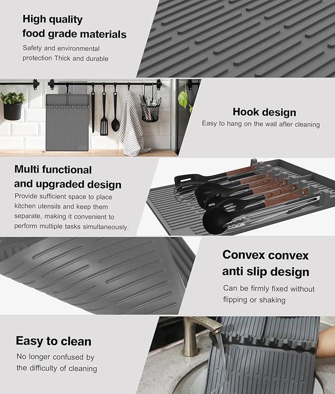 Silicone Grill Mat Compatible with Blackstone, BBQ Griddle Tools Mat with Drip Pad, Large Spatula Holder for Outdoor Kitchen Counter, Gifts for Men （Gray）
