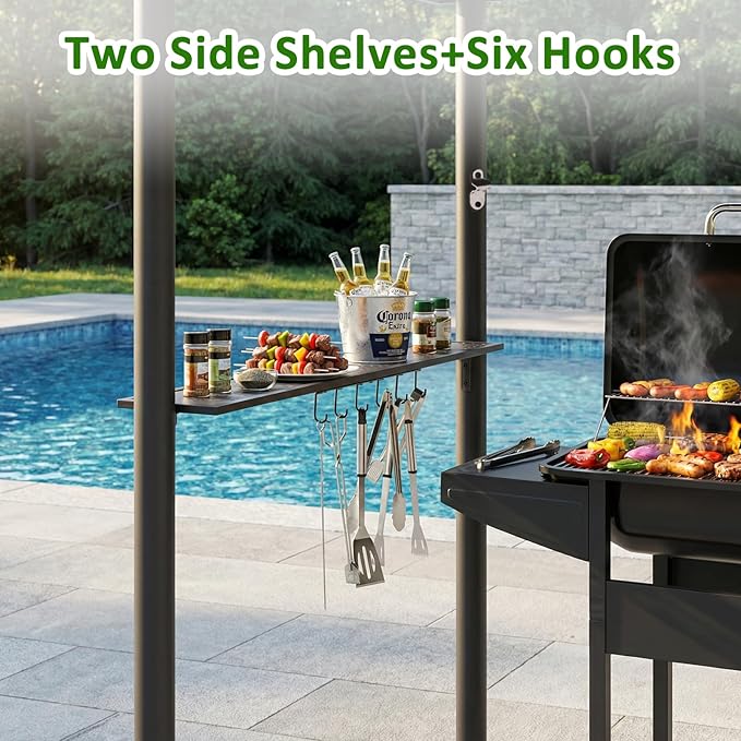CHARMELEON 8x8 FT Grill Gazebo, Grill Canopy with Big Awning&2 Side Shelves&6 Hooks&Bottle Opener, Powder-Coated Steel BBQ Shelter for Patio Backyard Outdoor Grilling-Brown