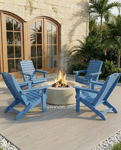 Folding Adirondack Chair with Retractable Ottoman Weather Resistant Fire Pit Chair Patio Chair with 2 Cup Holder Lawn Outdoor Lounge Chair (Navy Blue)