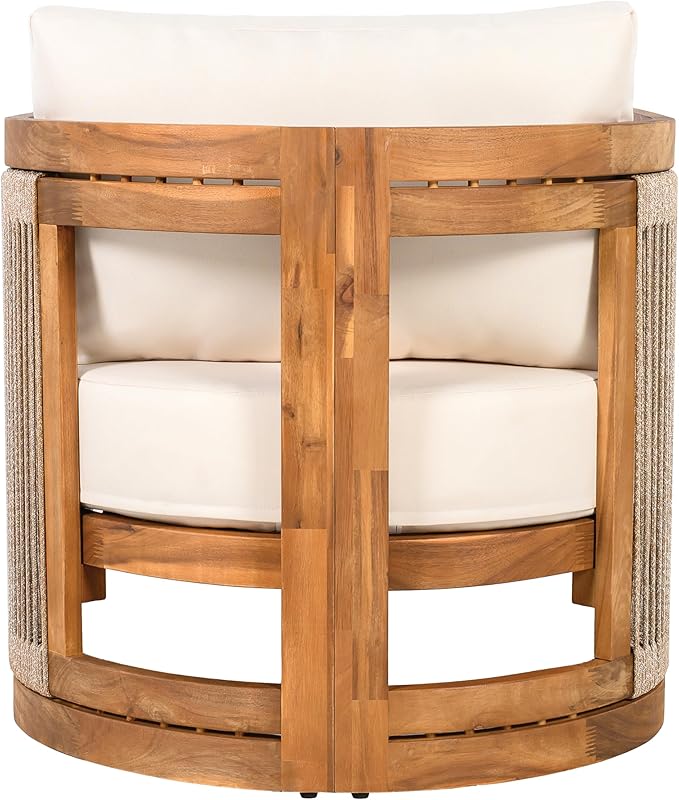 Christopher Knight Home Dora Set of 2 Patio Club Chair with Cushions, Acacia Wood Lounge Chair Outdoor, Woven Accents, Curved Design Side Chair for Balcony Backyard Garden Poolside, Beige + Teak