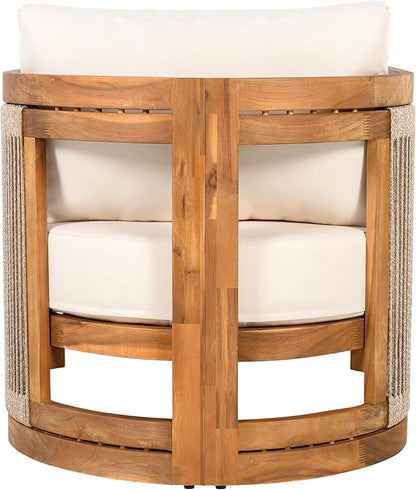 Christopher Knight Home Dora Set of 2 Patio Club Chair with Cushions, Acacia Wood Lounge Chair Outdoor, Woven Accents, Curved Design Side Chair for Balcony Backyard Garden Poolside, Beige + Teak