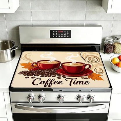 Electric Stove Top Cover,Red Coffee Cups Stove Cover for Glass Top Electric Stove,Coffee Bean Heat Resistant Flat Top Stove Mat Countertop Protector, 28 x 20 Inch