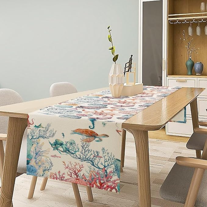 Sea Turtle Table Runner, Nautical Coast Underwater Sea Animal Theme Fishing Table Cloth for Home Kitchen Dining Table Decoration Party 13x90 Inch