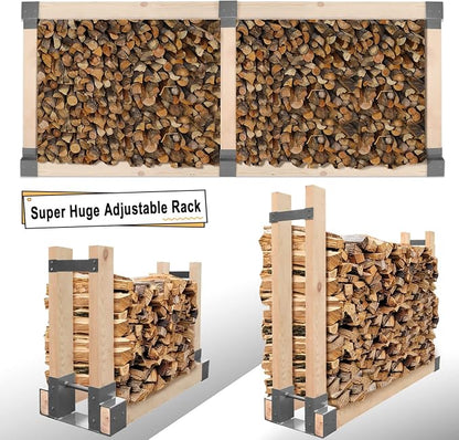 MOFEEZ Outdoor Firewood Log Storage Rack 2x4 Bracket Kit, Fireplace Wood Storage Holder, Adjustable to Any Length - Grey, Two Bases