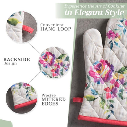 Maison d'Hermine Oven Gloves 100% Cotton Oven Mitt (7" x 13", Pack of 1) | With Loop Heat Resistant BBQ Cooking Gloves Baking Grilling Kitchen Handling Hot Pans Spring Summer - Rose Garden