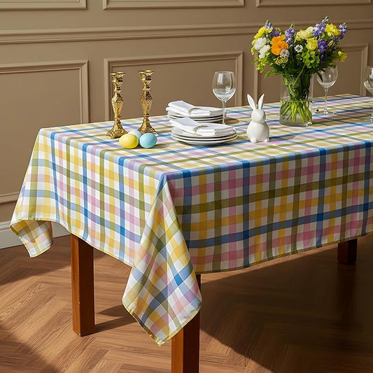 Easter Waterproof Polyester Tablecloth, Pastel Checkered Fabric Table Cover for Spring Party, Kitchen Dining Decor, Easy Care Cloth Tablecloth for Indoor Outdoor Use, W60 x L144 in