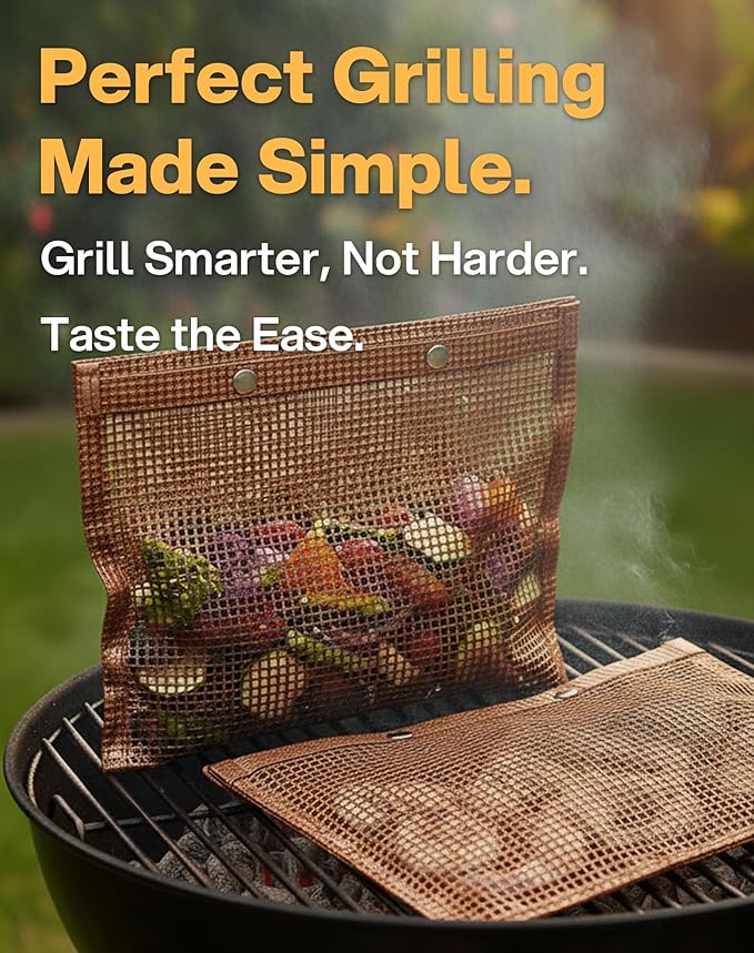Mesh Grill Bags for Outdoor Grill – Reusable PTFE Non-Stick Grilling Pouch for Easy Cleanup, Grilling Bags for Vegetables, Fish & Smoker Accessories – Dishwasher Safe, 2Pcs