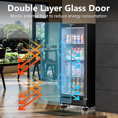 6 Cu.Ft Commercial Beverage Fridge with Glass Door | Double-Tempered Glass, Locking Key & LED, Indoor/Outdoor Use, Bar/Office/Restaurant, Adjustable Shelves, Energy Efficient