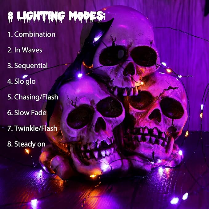 Lomotech Orange Purple Halloween Solar Lights, 2 Pack Total 66ft 200 LED | Solar Fairy Lights, Waterproof Outdoor Twinkle Lights with 8 Modes for Garden, Porch, Trees, Halloween Decor (Black Wire)