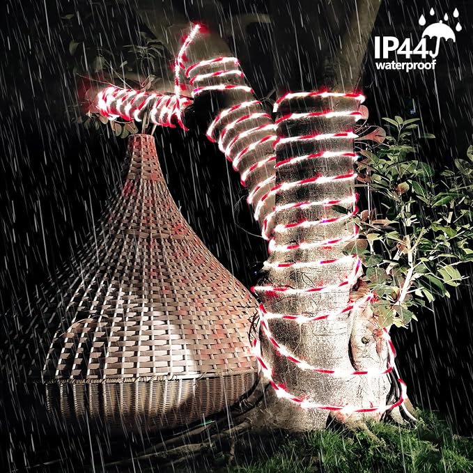 YEGUO Solar Rope Lights Outdoor Waterproof, 66ft 200 LED Candy Cane String Lights, 8 Modes Fairy Lights in Clear Thin Tube