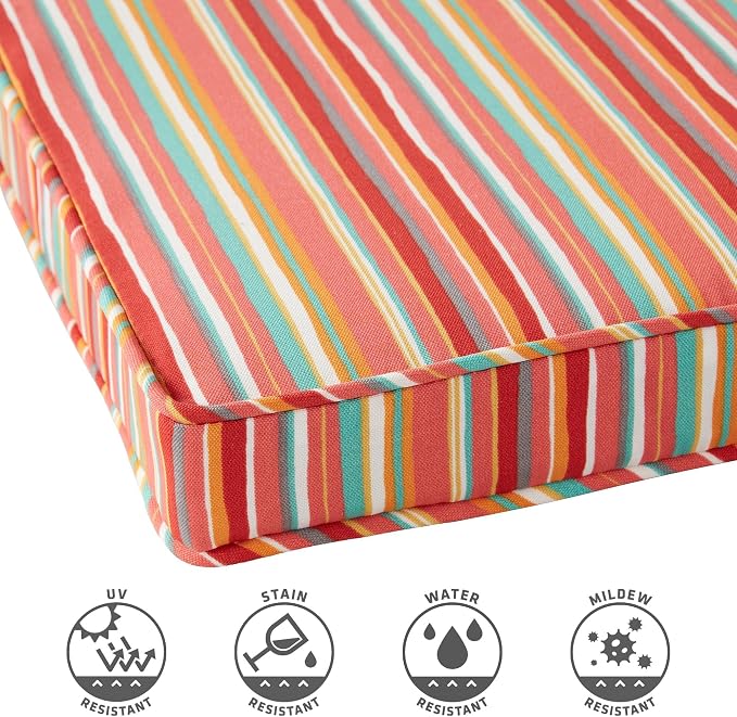 Outdoor 18 inch Square Patio Dining Chair Pads – Comfortable Fiber-Filled Seat Cushions with Ties, Reversible Polyester Fabric - Watermelon Stripe, Set of 2