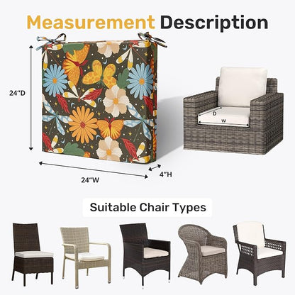 Outdoor Chair Cushions, Set of 4, 24"*24"*4", Water Resistant, Flower | High-Density Foam Patio Cushions with Ties, UV & Fade Resistant, Square Corner Seat Cushions for Outdoor Furniture