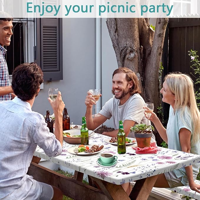 Floral Picnic Table Cover with Bench Covers and Bag, Rustic Wildflower Waterproof Windproof Washable Camping Table Camping Essentials Cover with Elastic Edges, 3 Pcs Set 30x60 Inch