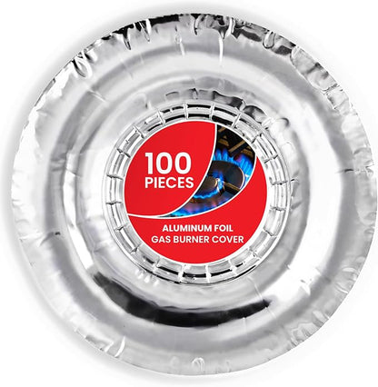Round Disposable Gas Burner Liners (100 Pack) Aluminum Foil Burner Covers for Gas Stove - 7.5 Inch Stove Liners for Gas Burners, Foil Liners to Catch Oil, Grease, and Food Spills, Stock Your Home
